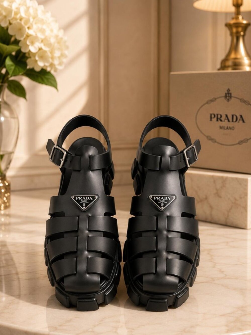 Prada Monolith Rubber Fisherman Sandals Black Chunky Platform Shoes Authentic